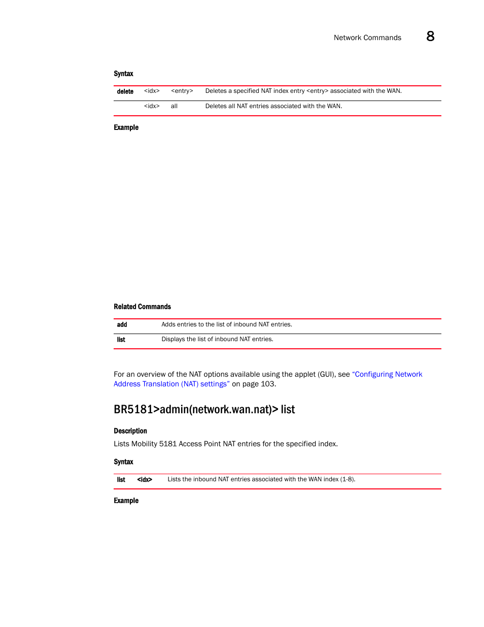 Br5181>admin(network.wan.nat)> list | Brocade Mobility 5181 Access Point Product Reference Guide (Supporting software release 4.4.0.0) User Manual | Page 241 / 428