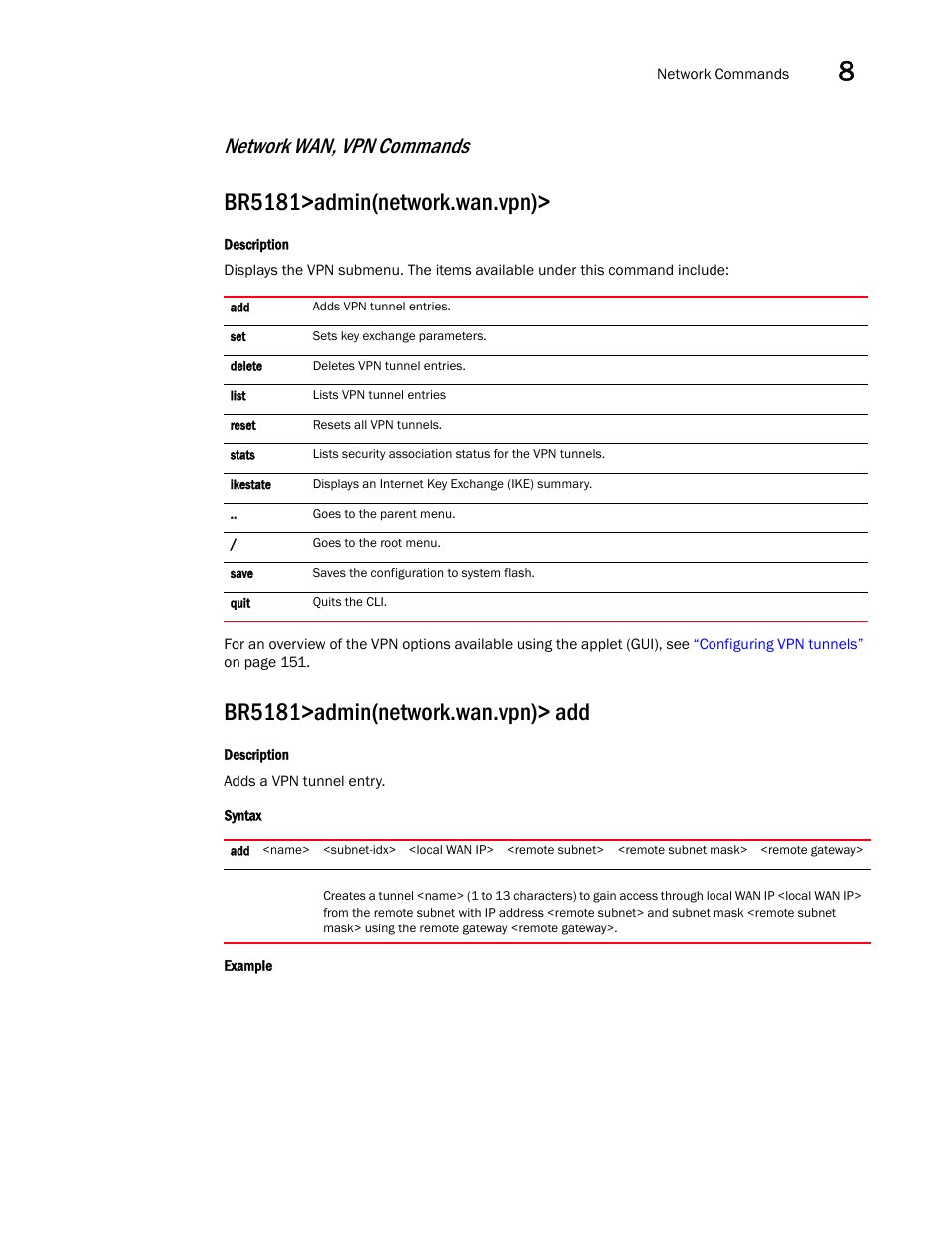 Br5181>admin(network.wan.vpn), Br5181>admin(network.wan.vpn)> add, Network wan, vpn commands | Brocade Mobility 5181 Access Point Product Reference Guide (Supporting software release 4.4.0.0) User Manual | Page 243 / 428