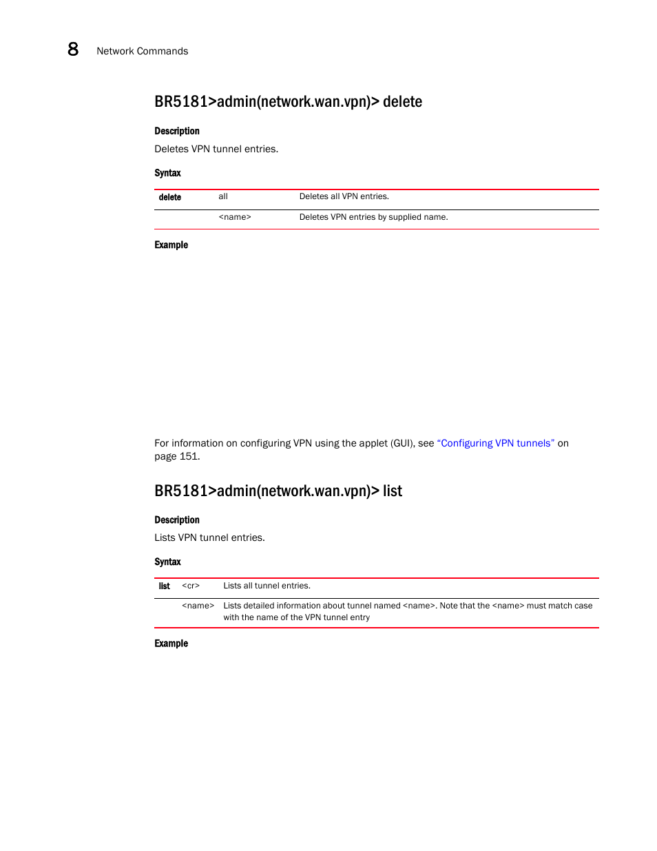 Br5181>admin(network.wan.vpn)> delete, Br5181>admin(network.wan.vpn)> list | Brocade Mobility 5181 Access Point Product Reference Guide (Supporting software release 4.4.0.0) User Manual | Page 246 / 428