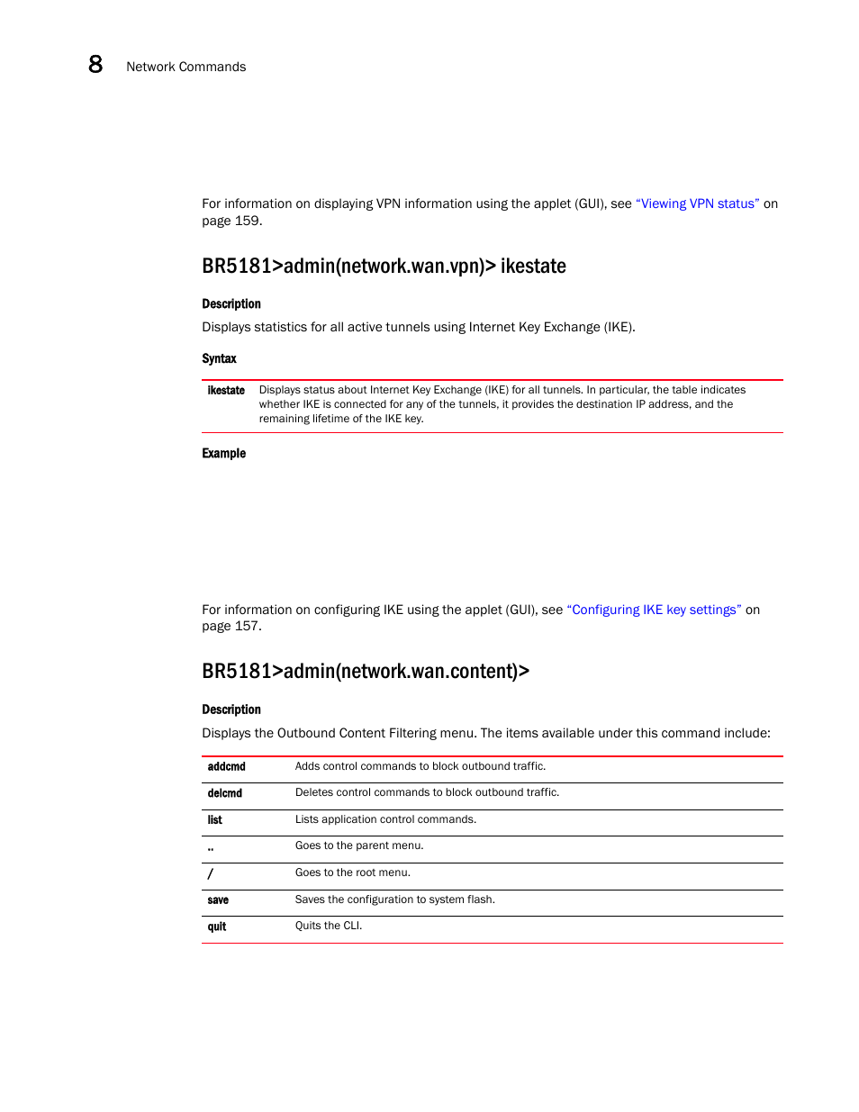 Br5181>admin(network.wan.vpn)> ikestate, Br5181>admin(network.wan.content) | Brocade Mobility 5181 Access Point Product Reference Guide (Supporting software release 4.4.0.0) User Manual | Page 248 / 428