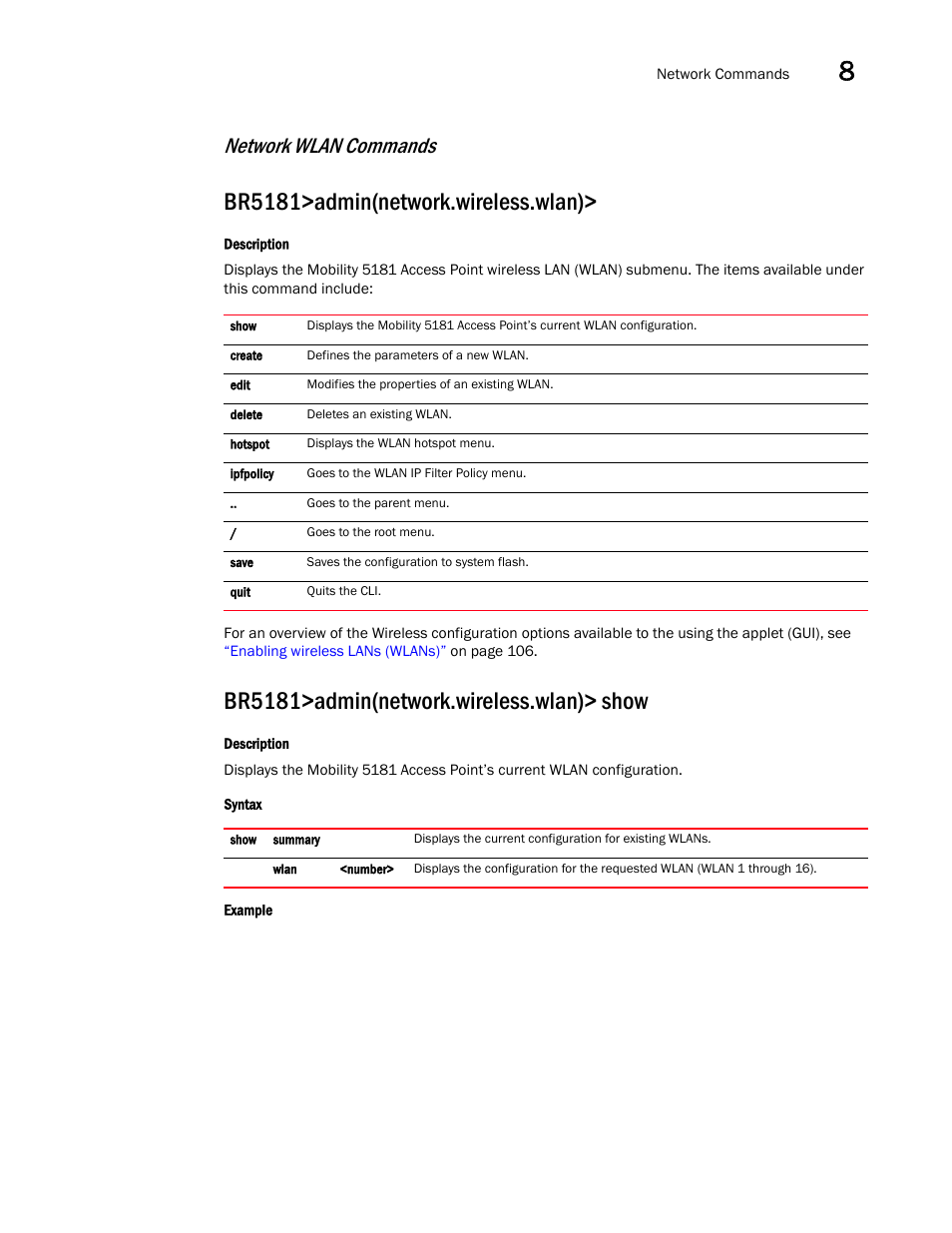 Br5181>admin(network.wireless.wlan), Br5181>admin(network.wireless.wlan)> show, Network wlan commands | Brocade Mobility 5181 Access Point Product Reference Guide (Supporting software release 4.4.0.0) User Manual | Page 255 / 428