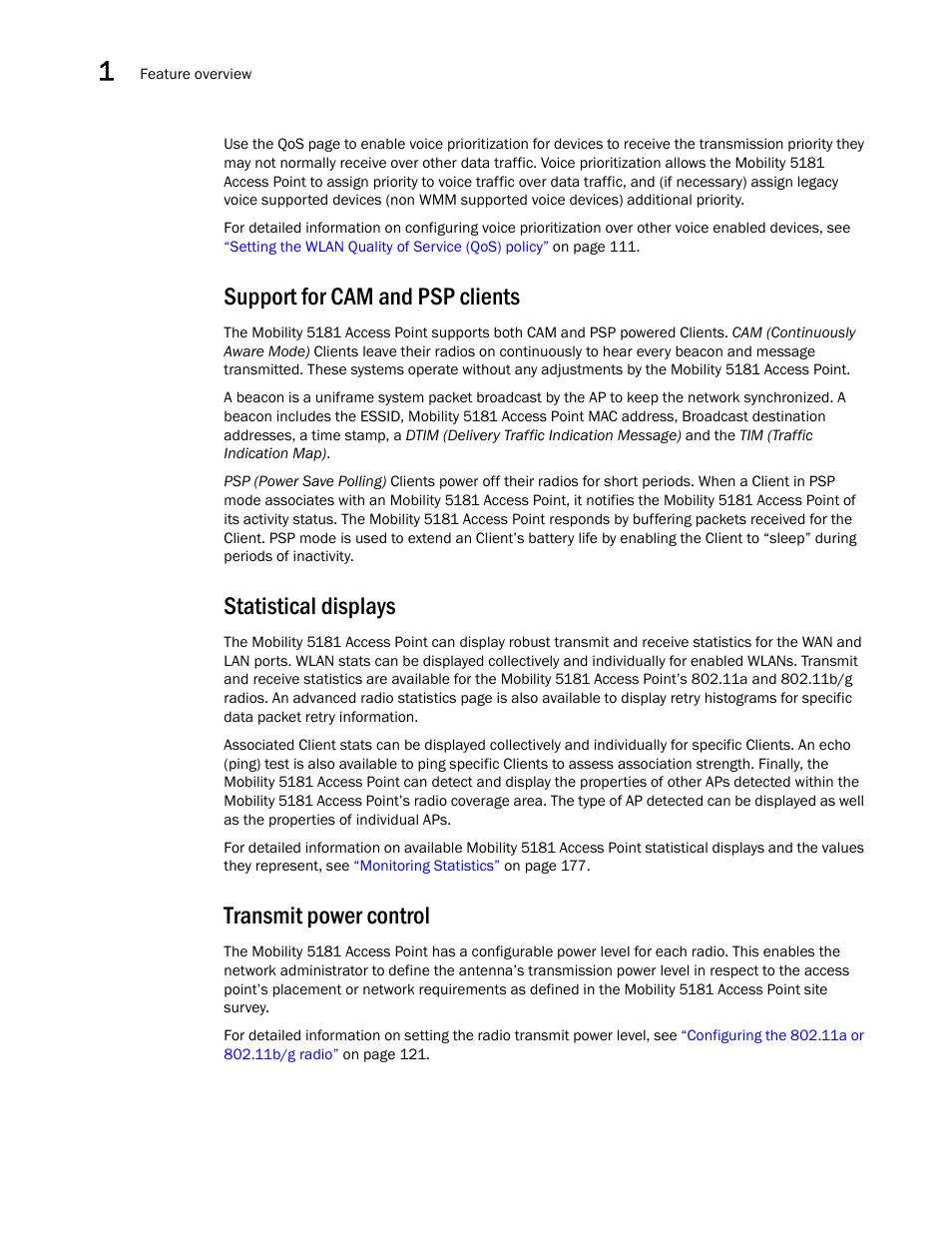 Support for cam and psp clients, Statistical displays, Transmit power control | Brocade Mobility 5181 Access Point Product Reference Guide (Supporting software release 4.4.0.0) User Manual | Page 26 / 428