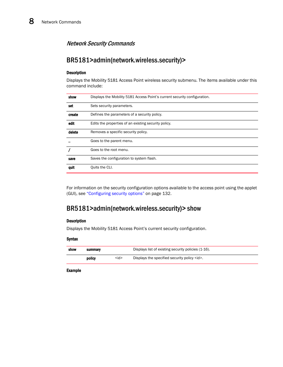 Br5181>admin(network.wireless.security), Br5181>admin(network.wireless.security)> show, Network security commands | Brocade Mobility 5181 Access Point Product Reference Guide (Supporting software release 4.4.0.0) User Manual | Page 264 / 428