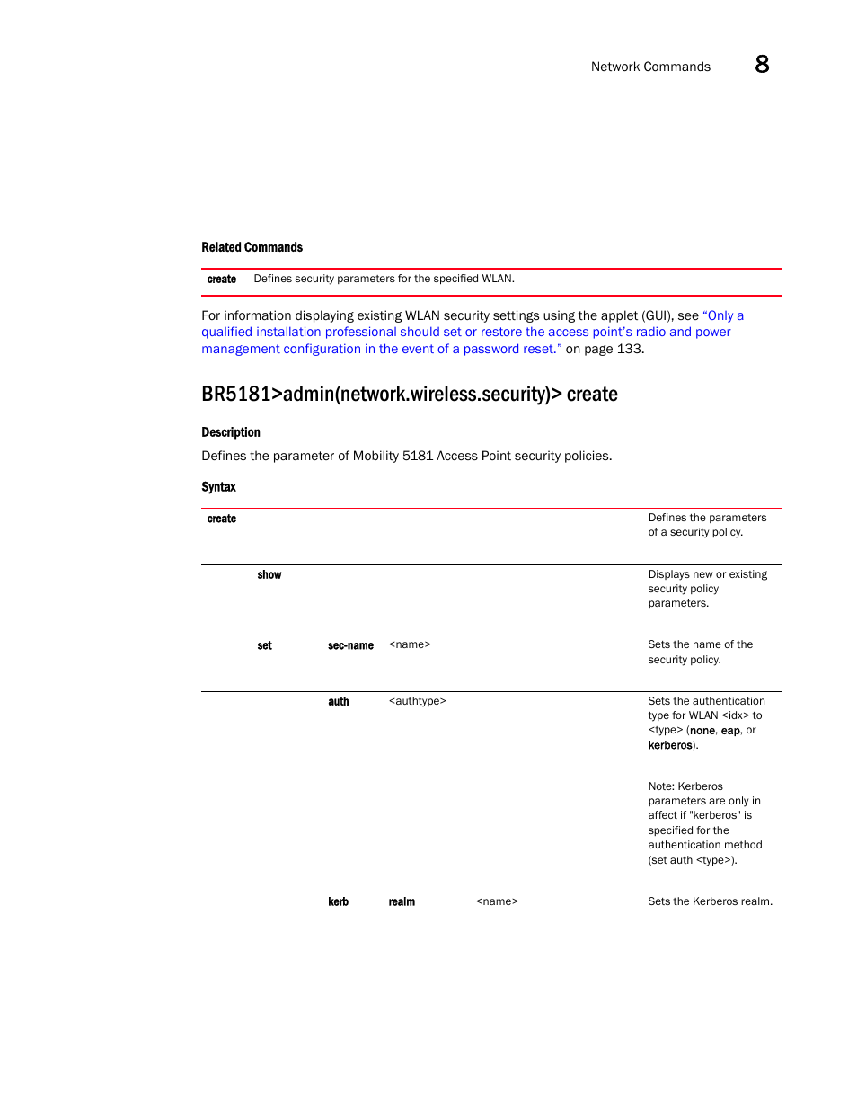 Br5181>admin(network.wireless.security)> create | Brocade Mobility 5181 Access Point Product Reference Guide (Supporting software release 4.4.0.0) User Manual | Page 265 / 428