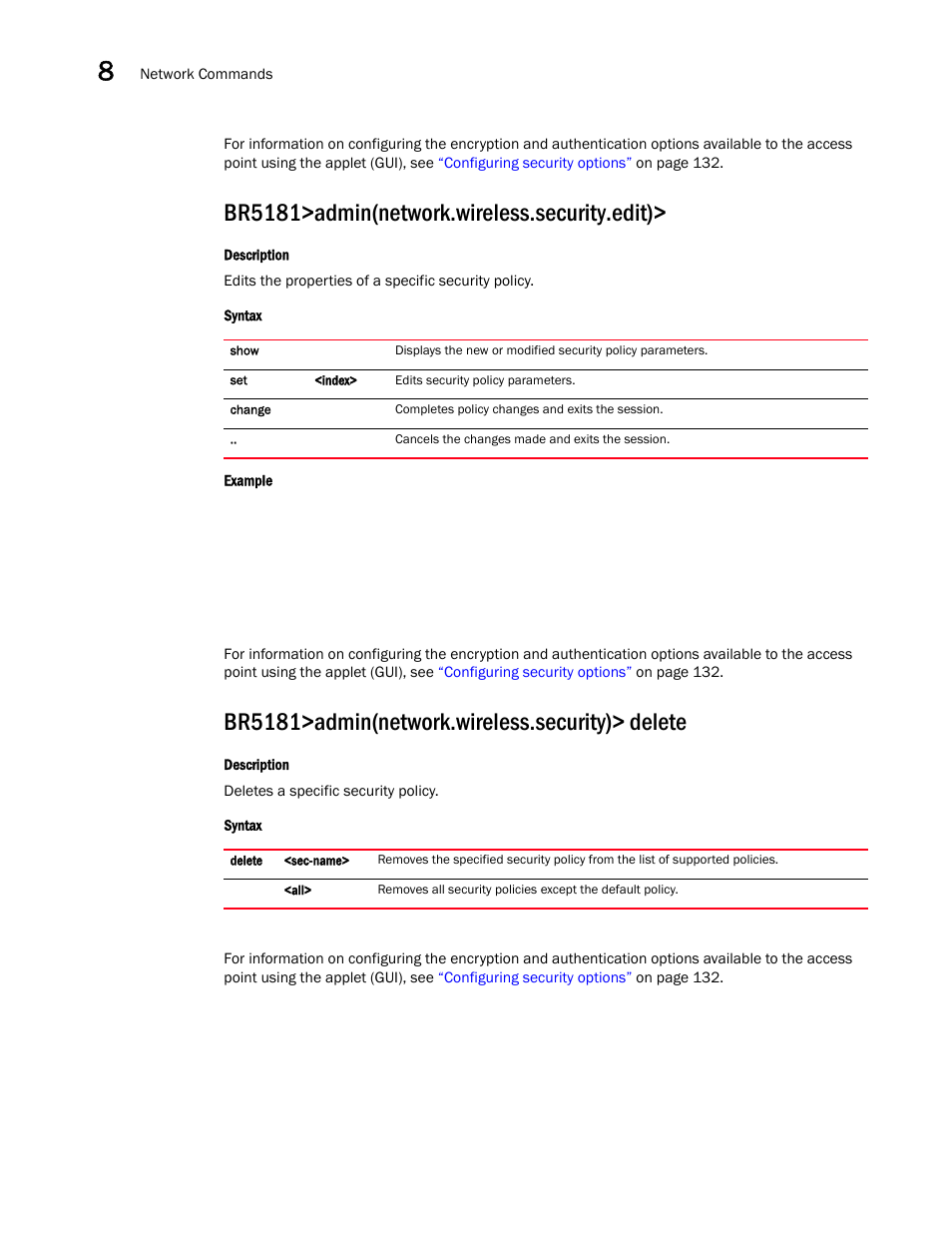 Br5181>admin(network.wireless.security.edit), Br5181>admin(network.wireless.security)> delete | Brocade Mobility 5181 Access Point Product Reference Guide (Supporting software release 4.4.0.0) User Manual | Page 270 / 428