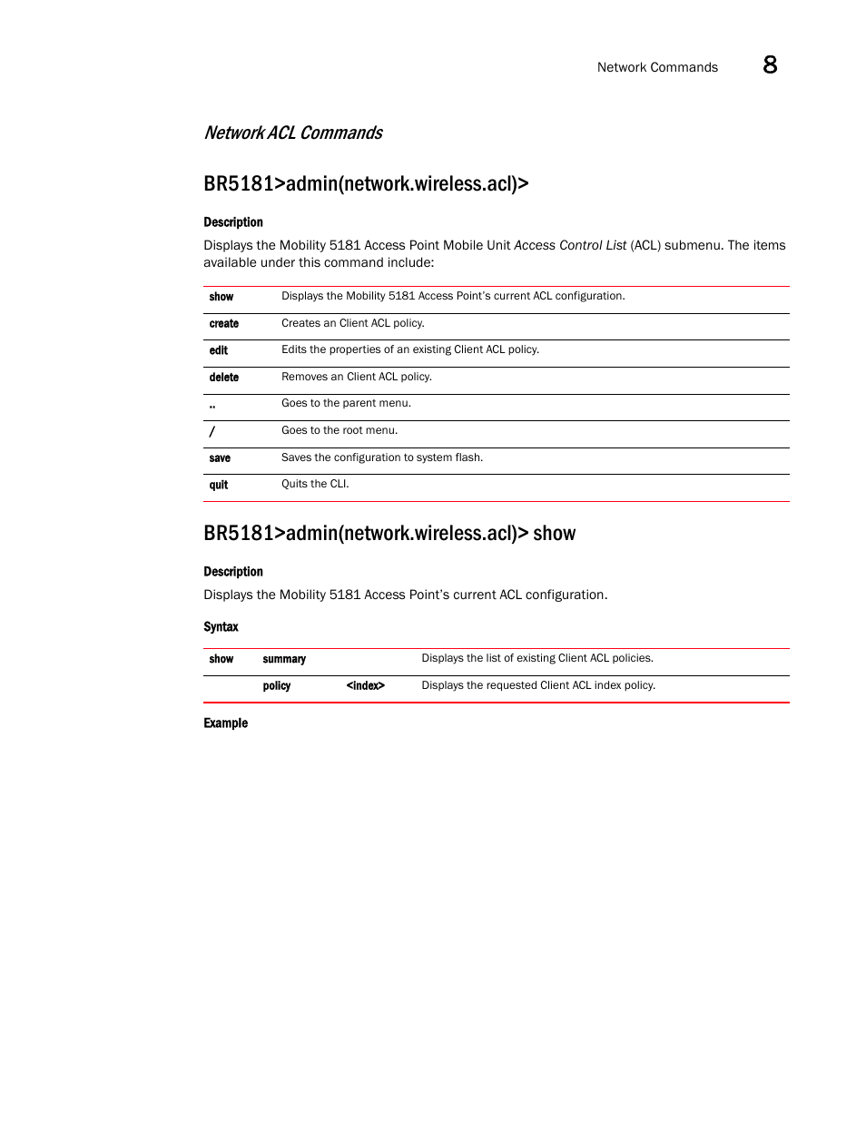 Br5181>admin(network.wireless.acl), Br5181>admin(network.wireless.acl)> show, Network acl commands | Brocade Mobility 5181 Access Point Product Reference Guide (Supporting software release 4.4.0.0) User Manual | Page 271 / 428