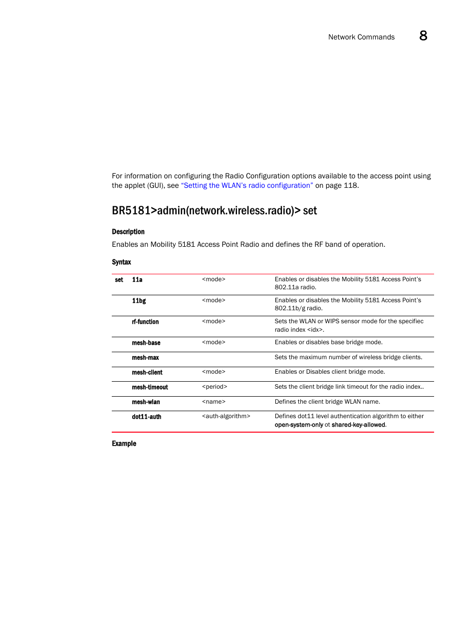 Br5181>admin(network.wireless.radio)> set | Brocade Mobility 5181 Access Point Product Reference Guide (Supporting software release 4.4.0.0) User Manual | Page 275 / 428