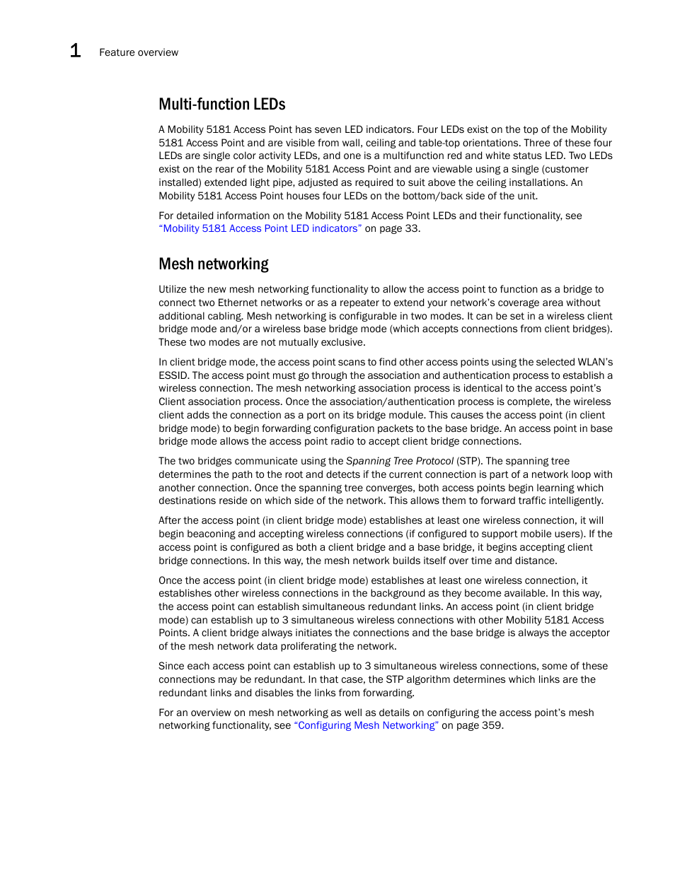 Multi-function leds, Mesh networking | Brocade Mobility 5181 Access Point Product Reference Guide (Supporting software release 4.4.0.0) User Manual | Page 28 / 428