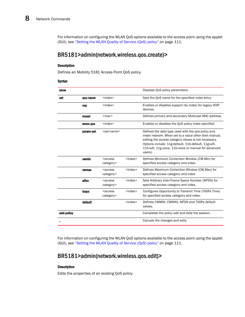 Br5181>admin(network.wireless.qos.create), Br5181>admin(network.wireless.qos.edit) | Brocade Mobility 5181 Access Point Product Reference Guide (Supporting software release 4.4.0.0) User Manual | Page 286 / 428