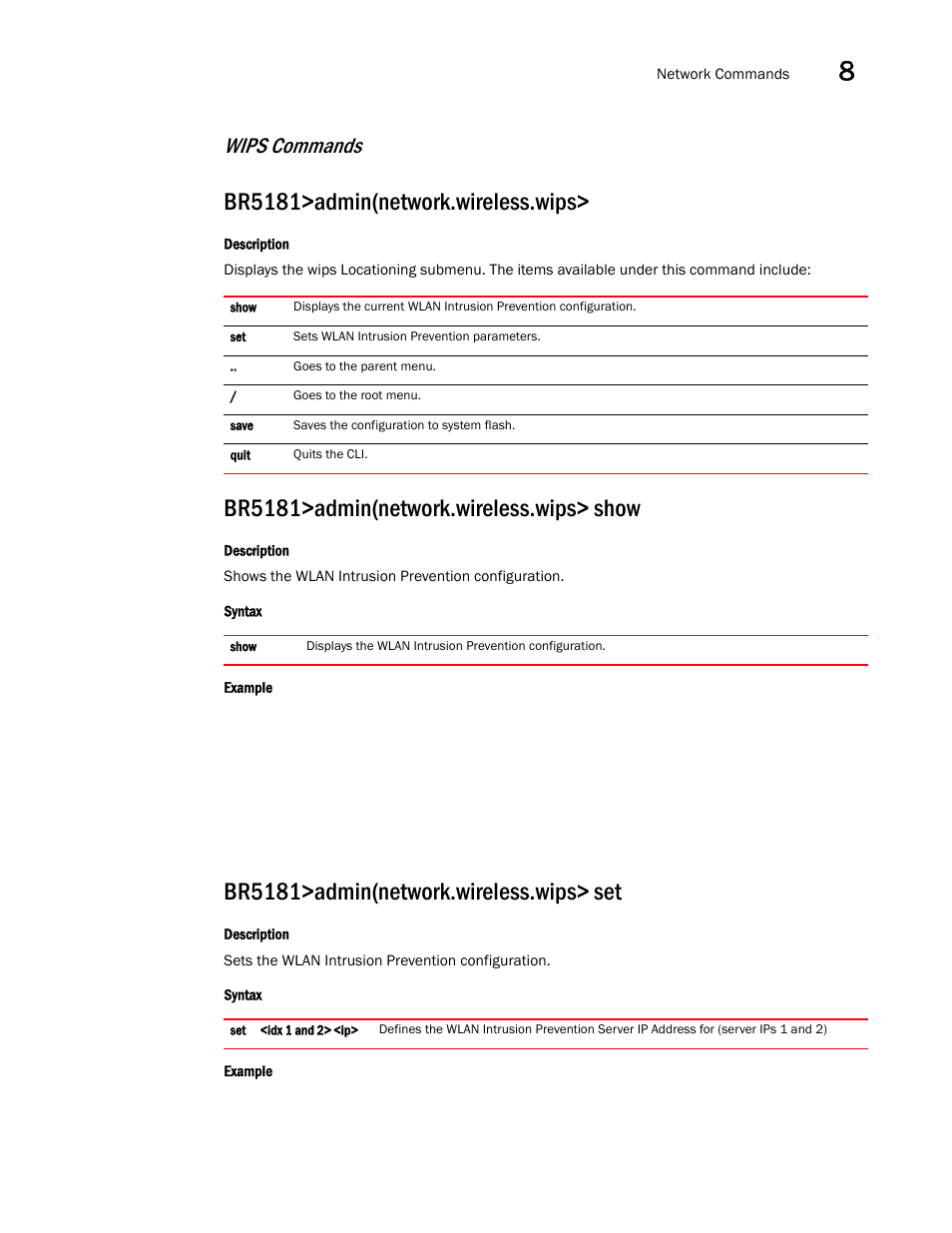 Br5181>admin(network.wireless.wips, Br5181>admin(network.wireless.wips> show, Br5181>admin(network.wireless.wips> set | Wips commands | Brocade Mobility 5181 Access Point Product Reference Guide (Supporting software release 4.4.0.0) User Manual | Page 295 / 428