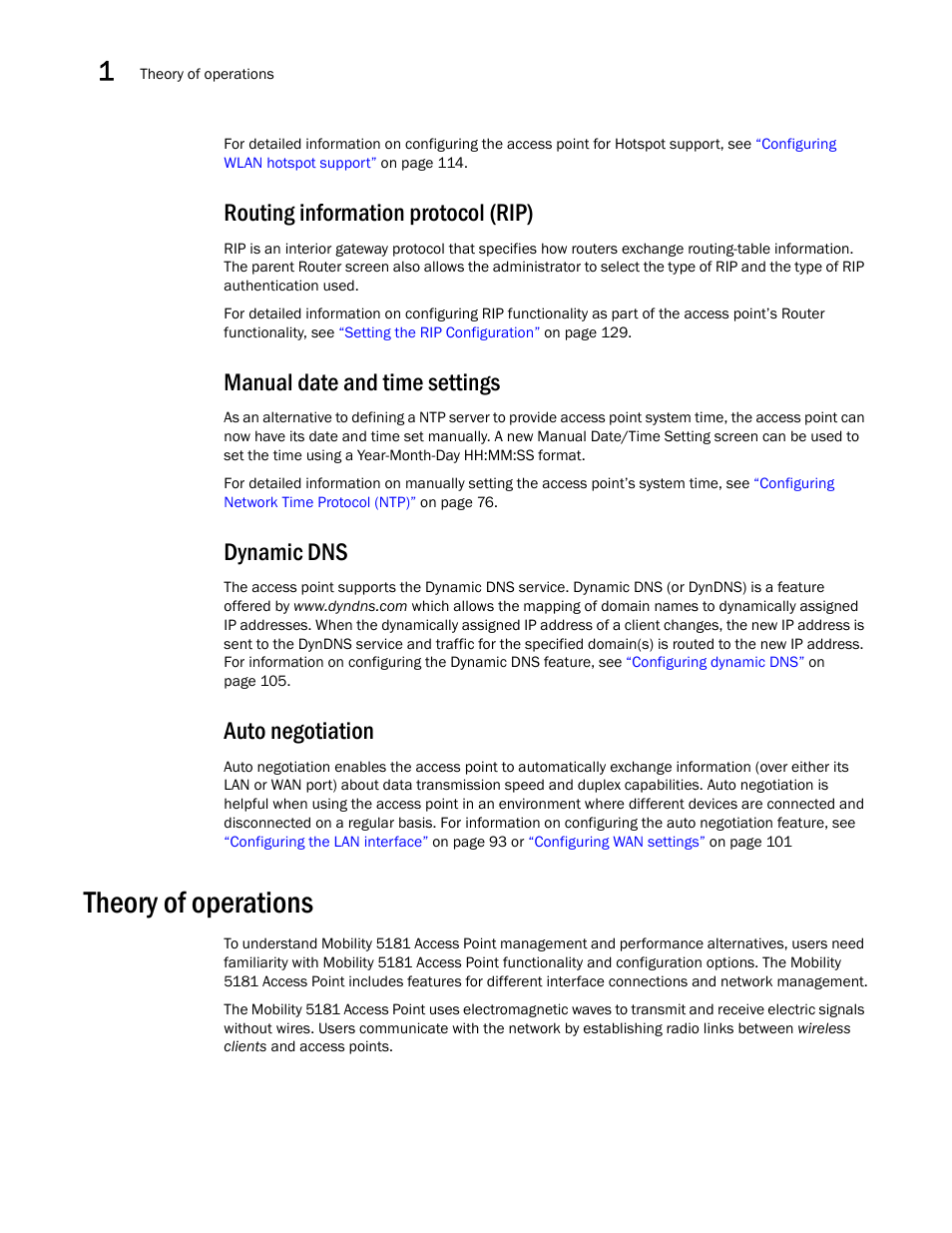 Routing information protocol (rip), Manual date and time settings, Dynamic dns | Auto negotiation, Theory of operations | Brocade Mobility 5181 Access Point Product Reference Guide (Supporting software release 4.4.0.0) User Manual | Page 30 / 428