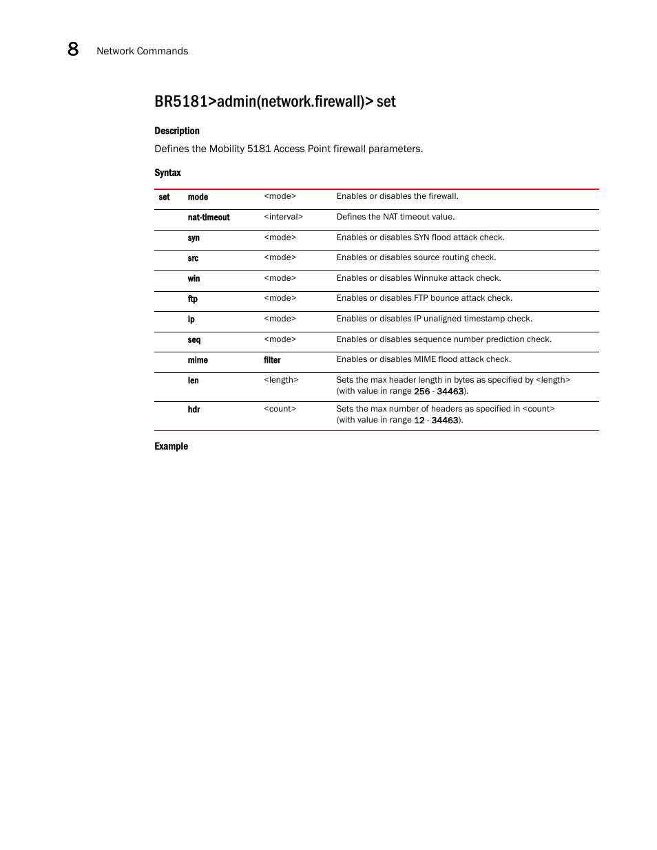 Br5181>admin(network.firewall)> set | Brocade Mobility 5181 Access Point Product Reference Guide (Supporting software release 4.4.0.0) User Manual | Page 300 / 428