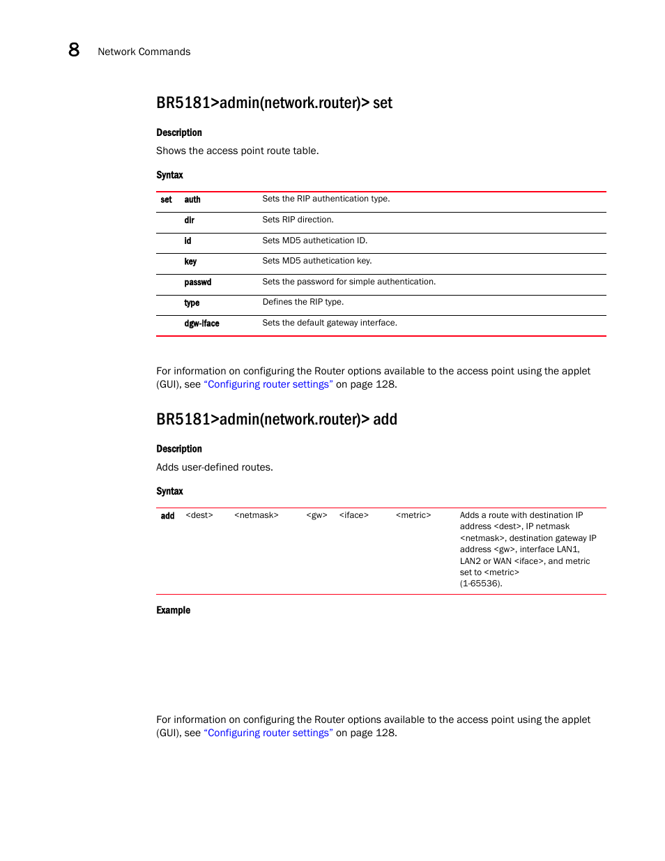 Br5181>admin(network.router)> set, Br5181>admin(network.router)> add | Brocade Mobility 5181 Access Point Product Reference Guide (Supporting software release 4.4.0.0) User Manual | Page 304 / 428