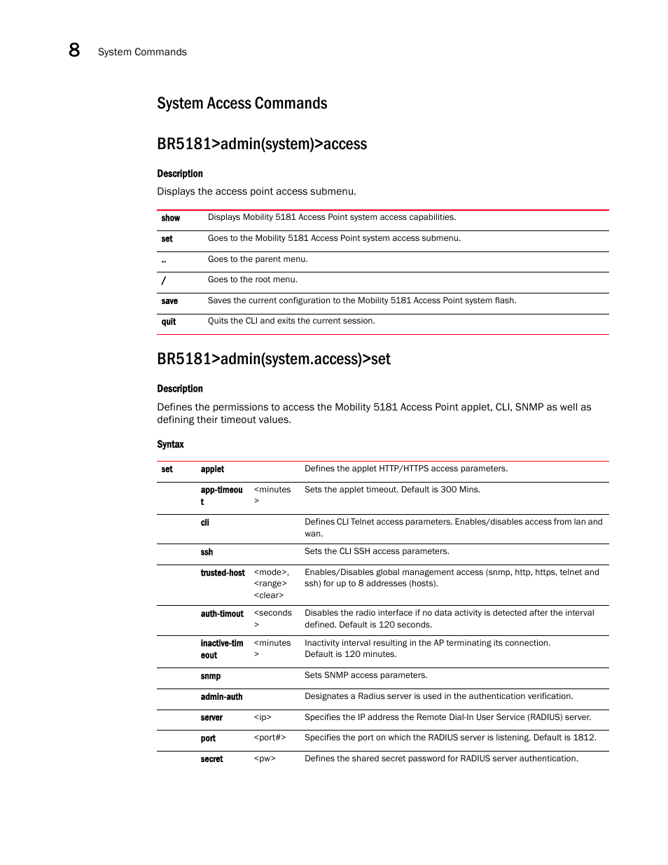 System access commands, System access commands br5181>admin(system)>access, Br5181>admin(system.access)>set | Brocade Mobility 5181 Access Point Product Reference Guide (Supporting software release 4.4.0.0) User Manual | Page 314 / 428
