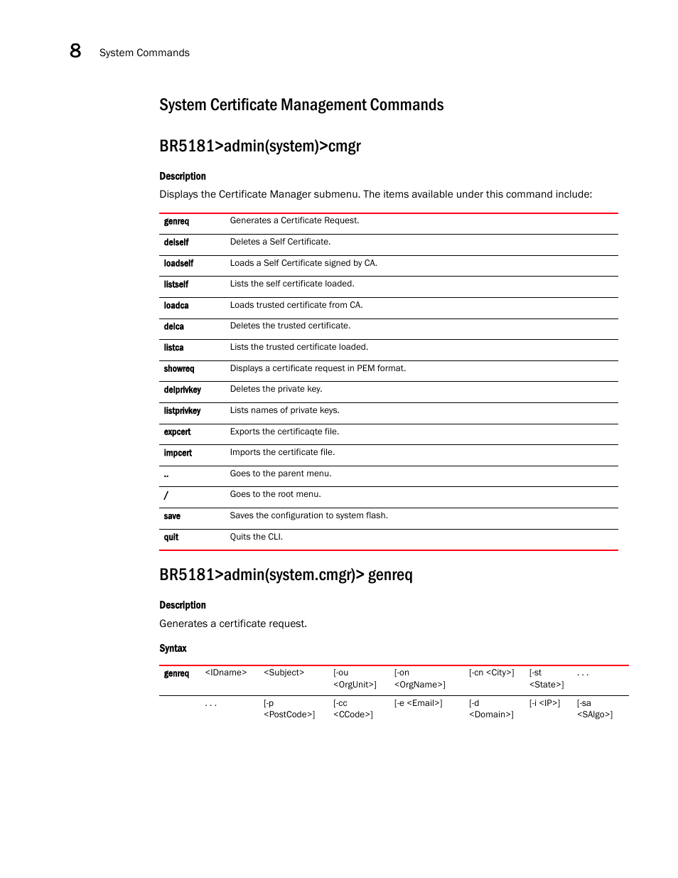 System certificate management commands, Br5181>admin(system.cmgr)> genreq | Brocade Mobility 5181 Access Point Product Reference Guide (Supporting software release 4.4.0.0) User Manual | Page 316 / 428