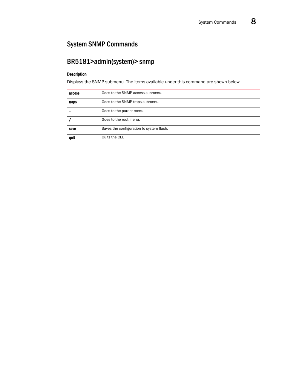 System snmp commands, System snmp commands br5181>admin(system)> snmp | Brocade Mobility 5181 Access Point Product Reference Guide (Supporting software release 4.4.0.0) User Manual | Page 323 / 428