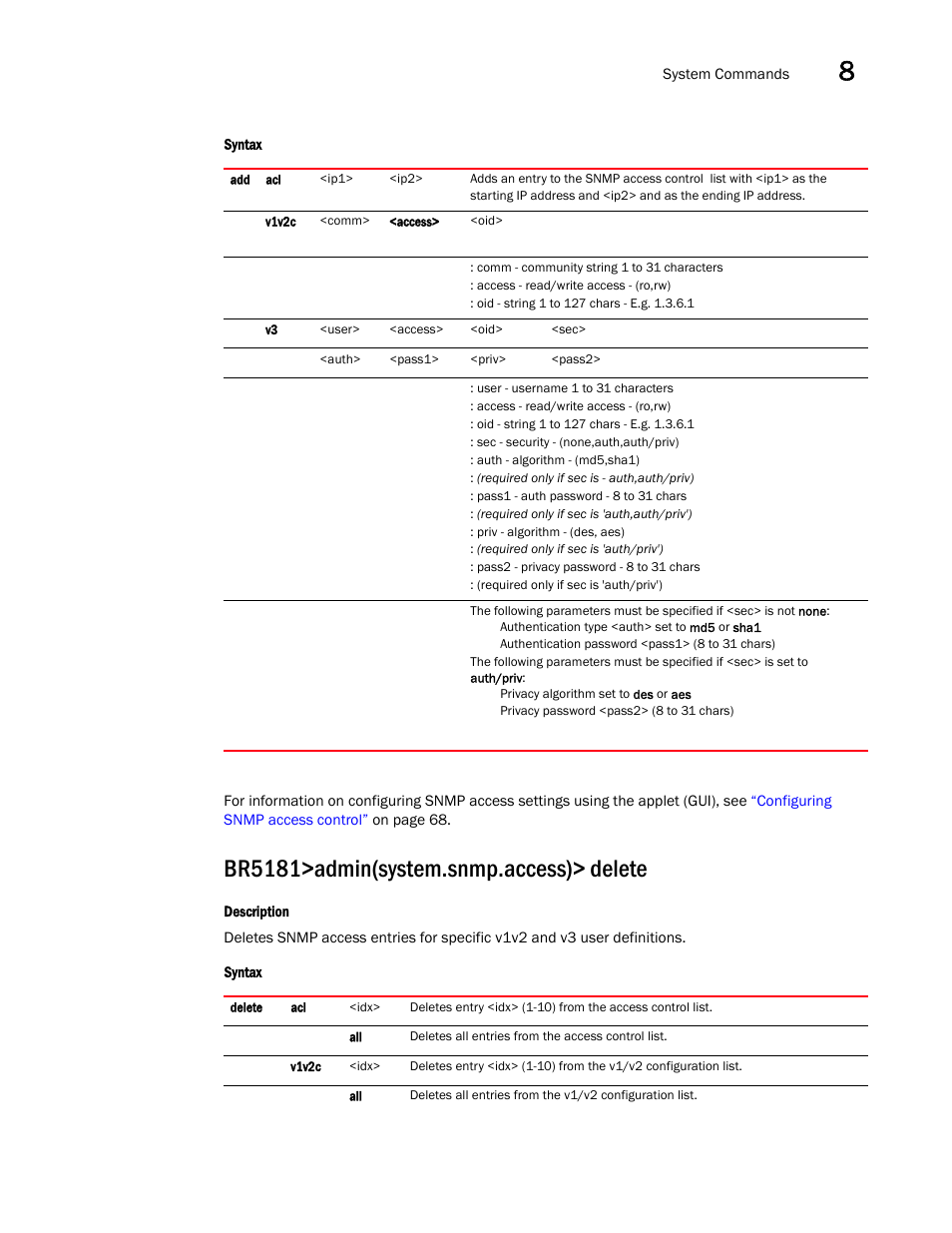 Br5181>admin(system.snmp.access)> delete | Brocade Mobility 5181 Access Point Product Reference Guide (Supporting software release 4.4.0.0) User Manual | Page 325 / 428