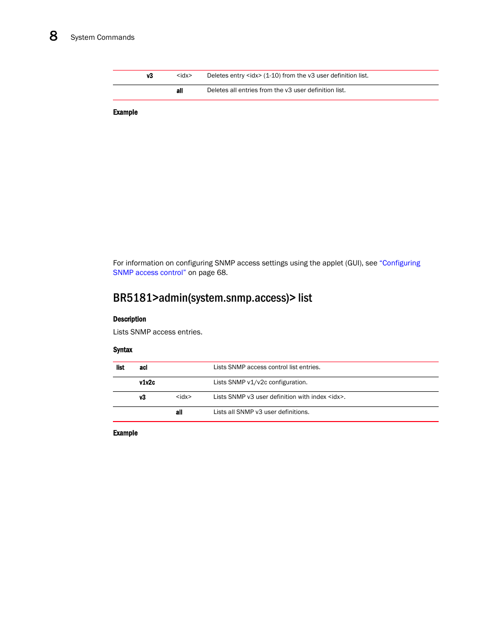 Br5181>admin(system.snmp.access)> list | Brocade Mobility 5181 Access Point Product Reference Guide (Supporting software release 4.4.0.0) User Manual | Page 326 / 428