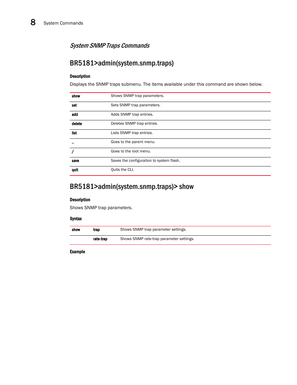 Br5181>admin(system.snmp.traps), Br5181>admin(system.snmp.traps)> show, System snmp traps commands | Brocade Mobility 5181 Access Point Product Reference Guide (Supporting software release 4.4.0.0) User Manual | Page 328 / 428