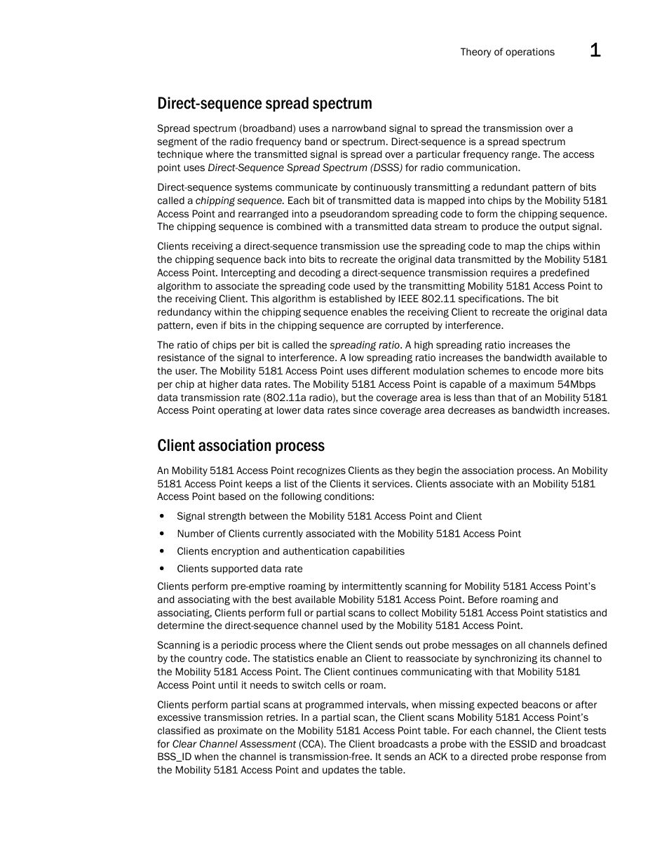 Direct-sequence spread spectrum, Client association process | Brocade Mobility 5181 Access Point Product Reference Guide (Supporting software release 4.4.0.0) User Manual | Page 33 / 428