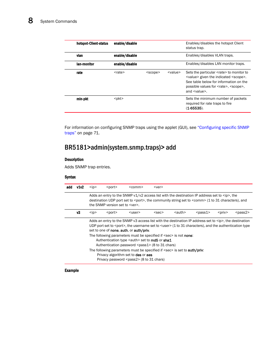 Br5181>admin(system.snmp.traps)> add | Brocade Mobility 5181 Access Point Product Reference Guide (Supporting software release 4.4.0.0) User Manual | Page 330 / 428