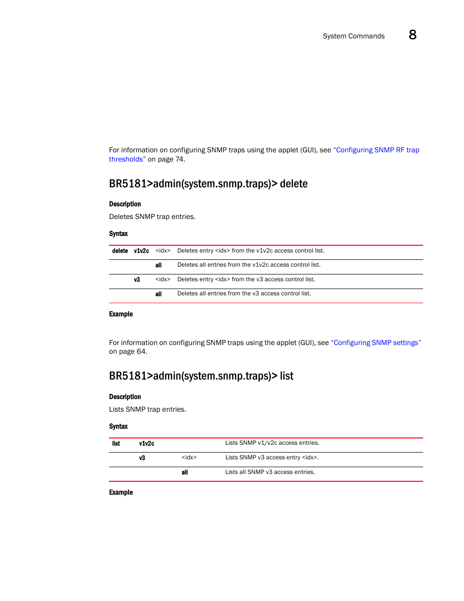 Br5181>admin(system.snmp.traps)> delete, Br5181>admin(system.snmp.traps)> list | Brocade Mobility 5181 Access Point Product Reference Guide (Supporting software release 4.4.0.0) User Manual | Page 331 / 428