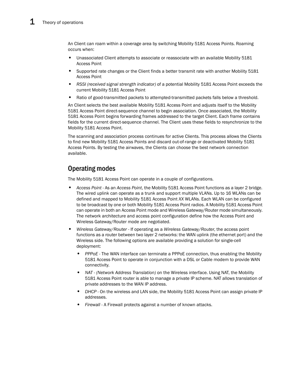 Operating modes | Brocade Mobility 5181 Access Point Product Reference Guide (Supporting software release 4.4.0.0) User Manual | Page 34 / 428