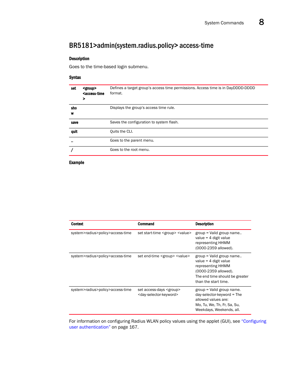 Br5181>admin(system.radius.policy> access-time | Brocade Mobility 5181 Access Point Product Reference Guide (Supporting software release 4.4.0.0) User Manual | Page 343 / 428