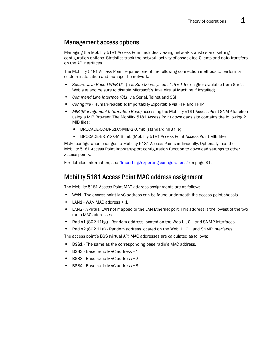 Management access options, Mobility 5181 access point mac address assignment | Brocade Mobility 5181 Access Point Product Reference Guide (Supporting software release 4.4.0.0) User Manual | Page 35 / 428