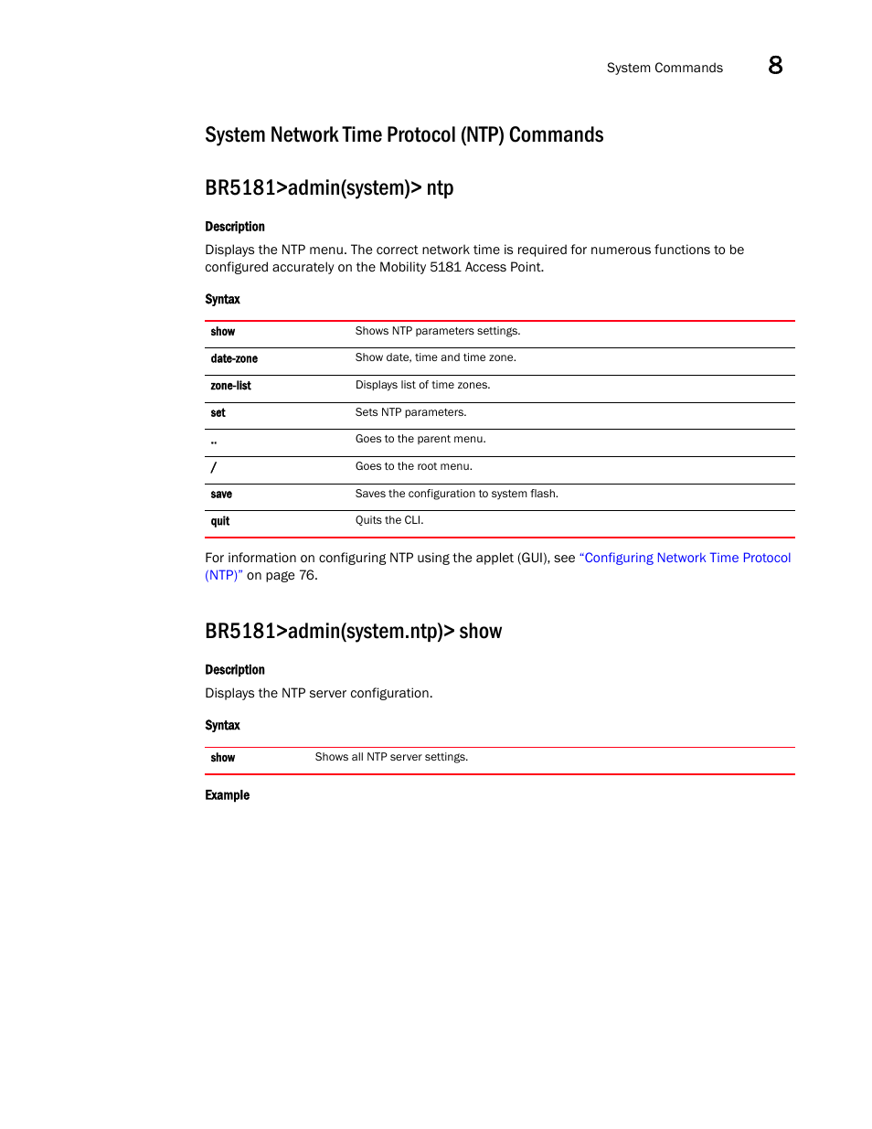 System network time protocol (ntp) commands, Br5181>admin(system.ntp)> show | Brocade Mobility 5181 Access Point Product Reference Guide (Supporting software release 4.4.0.0) User Manual | Page 351 / 428