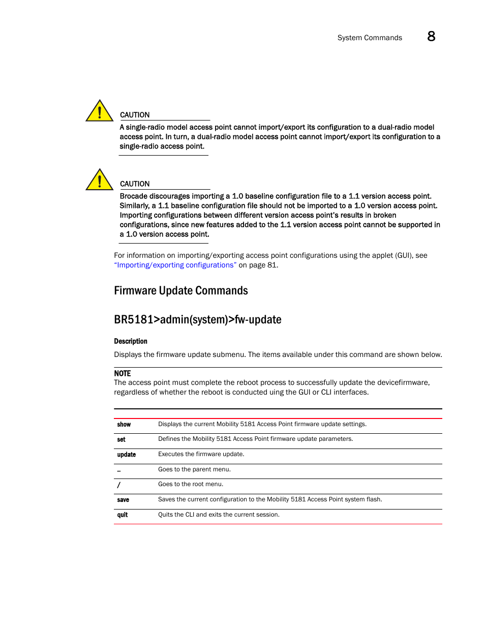 Firmware update commands | Brocade Mobility 5181 Access Point Product Reference Guide (Supporting software release 4.4.0.0) User Manual | Page 361 / 428