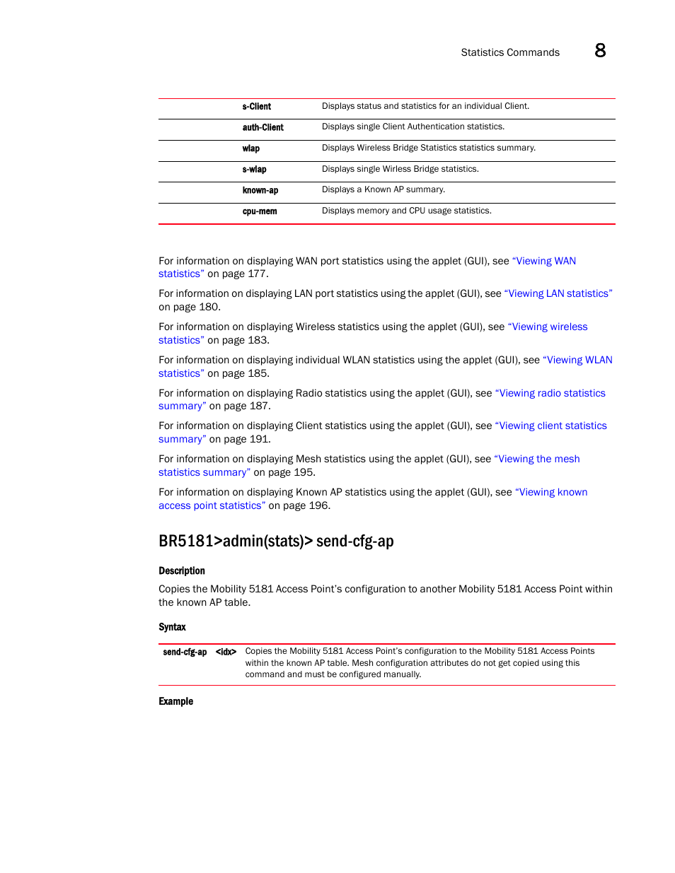 Br5181>admin(stats)> send-cfg-ap | Brocade Mobility 5181 Access Point Product Reference Guide (Supporting software release 4.4.0.0) User Manual | Page 365 / 428