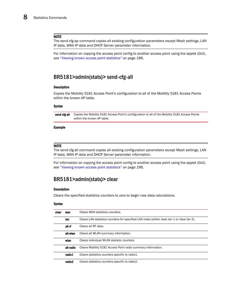 Br5181>admin(stats)> send-cfg-all, Br5181>admin(stats)> clear | Brocade Mobility 5181 Access Point Product Reference Guide (Supporting software release 4.4.0.0) User Manual | Page 366 / 428