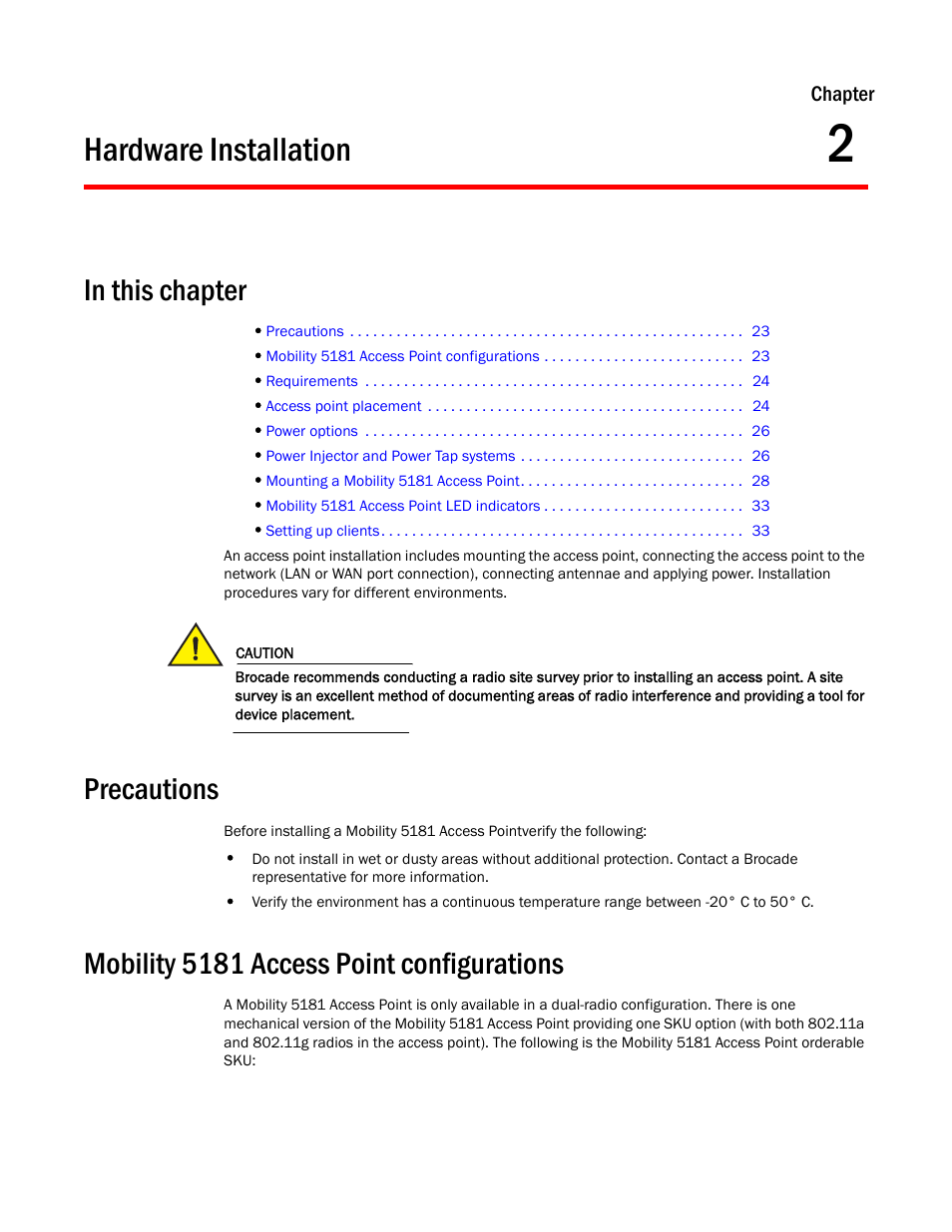 Hardware installation, Precautions, Mobility 5181 access point configurations | Chapter 2 | Brocade Mobility 5181 Access Point Product Reference Guide (Supporting software release 4.4.0.0) User Manual | Page 37 / 428