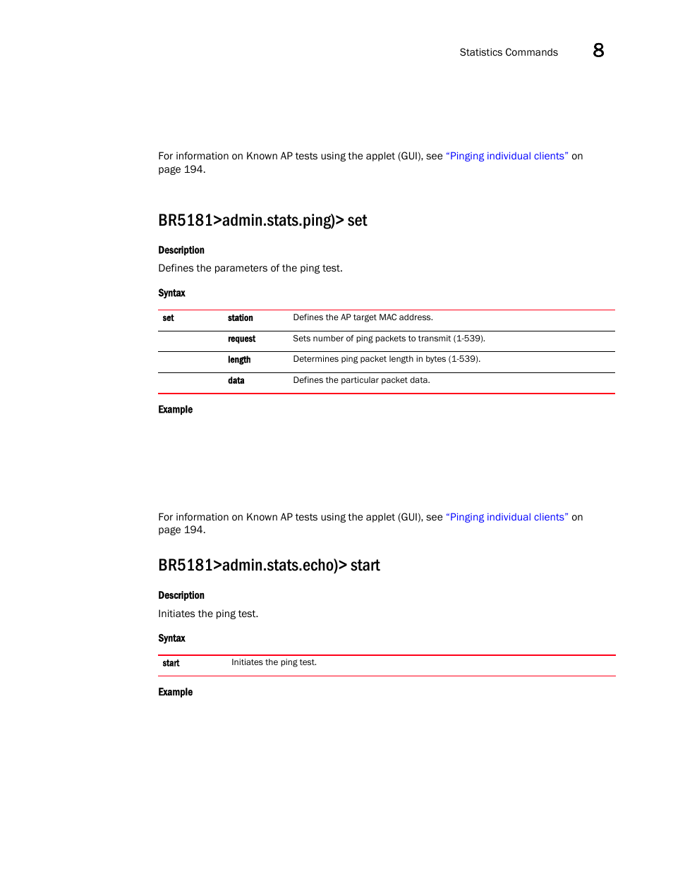 Br5181>admin.stats.ping)> set, Br5181>admin.stats.echo)> start | Brocade Mobility 5181 Access Point Product Reference Guide (Supporting software release 4.4.0.0) User Manual | Page 371 / 428