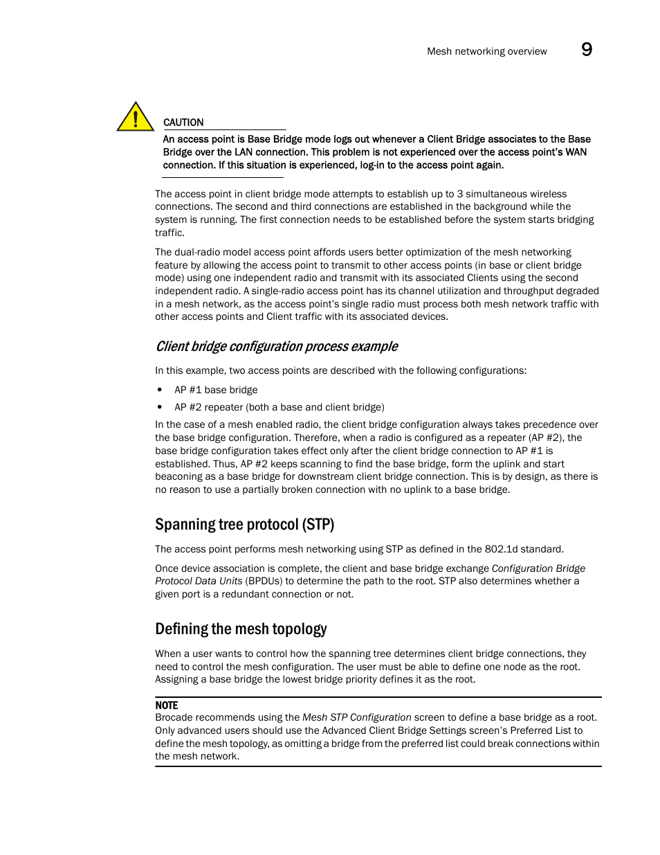 Spanning tree protocol (stp), Defining the mesh topology, Client bridge configuration process example | Brocade Mobility 5181 Access Point Product Reference Guide (Supporting software release 4.4.0.0) User Manual | Page 375 / 428