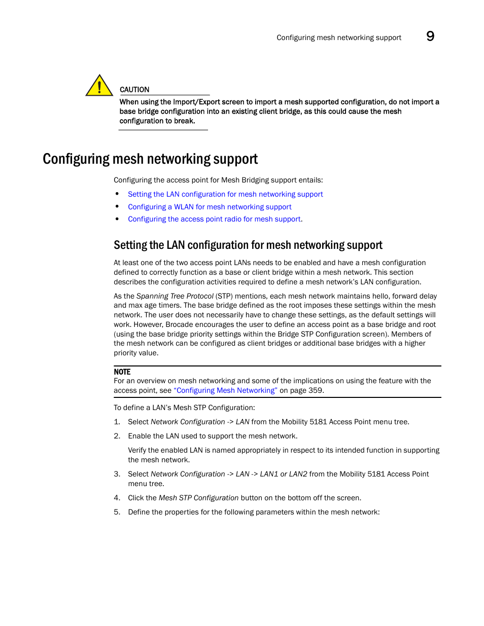 Configuring mesh networking support, Setting the lan configuration for mesh, Networking support | Setting the lan, Configuration for mesh networking support, Configuring mesh | Brocade Mobility 5181 Access Point Product Reference Guide (Supporting software release 4.4.0.0) User Manual | Page 377 / 428