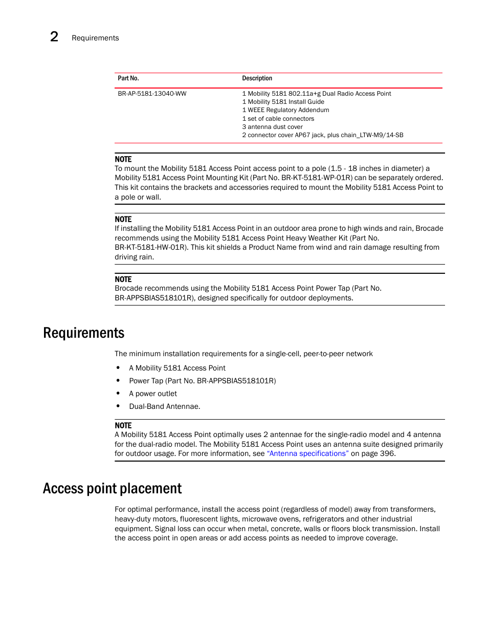 Requirements, Access point placement | Brocade Mobility 5181 Access Point Product Reference Guide (Supporting software release 4.4.0.0) User Manual | Page 38 / 428