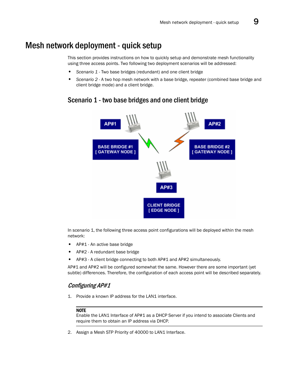 Mesh network deployment - quick setup, Mesh, Network deployment - quick setup | Configuring ap#1 | Brocade Mobility 5181 Access Point Product Reference Guide (Supporting software release 4.4.0.0) User Manual | Page 385 / 428