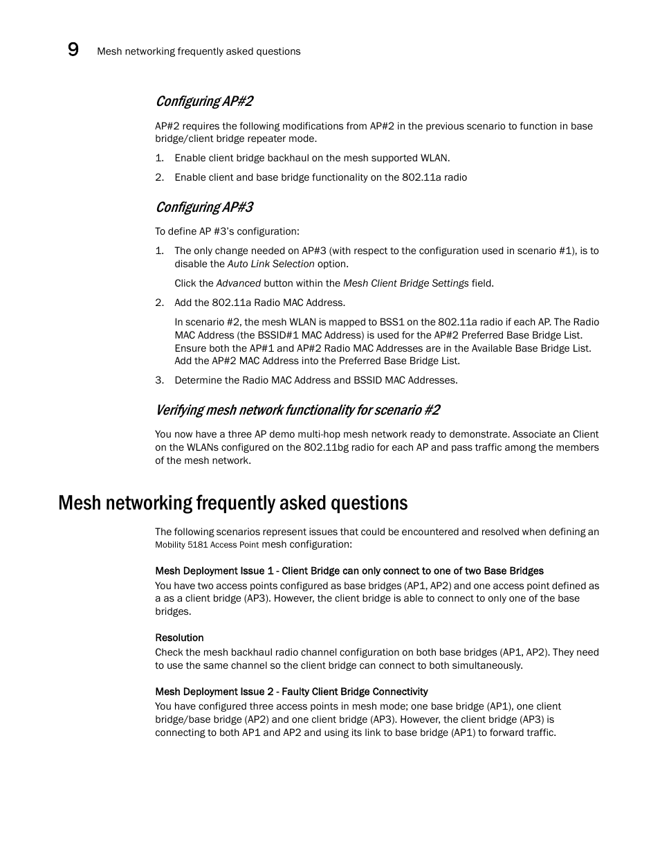 Mesh networking frequently asked questions, Configuring ap#2, Configuring ap#3 | Brocade Mobility 5181 Access Point Product Reference Guide (Supporting software release 4.4.0.0) User Manual | Page 388 / 428