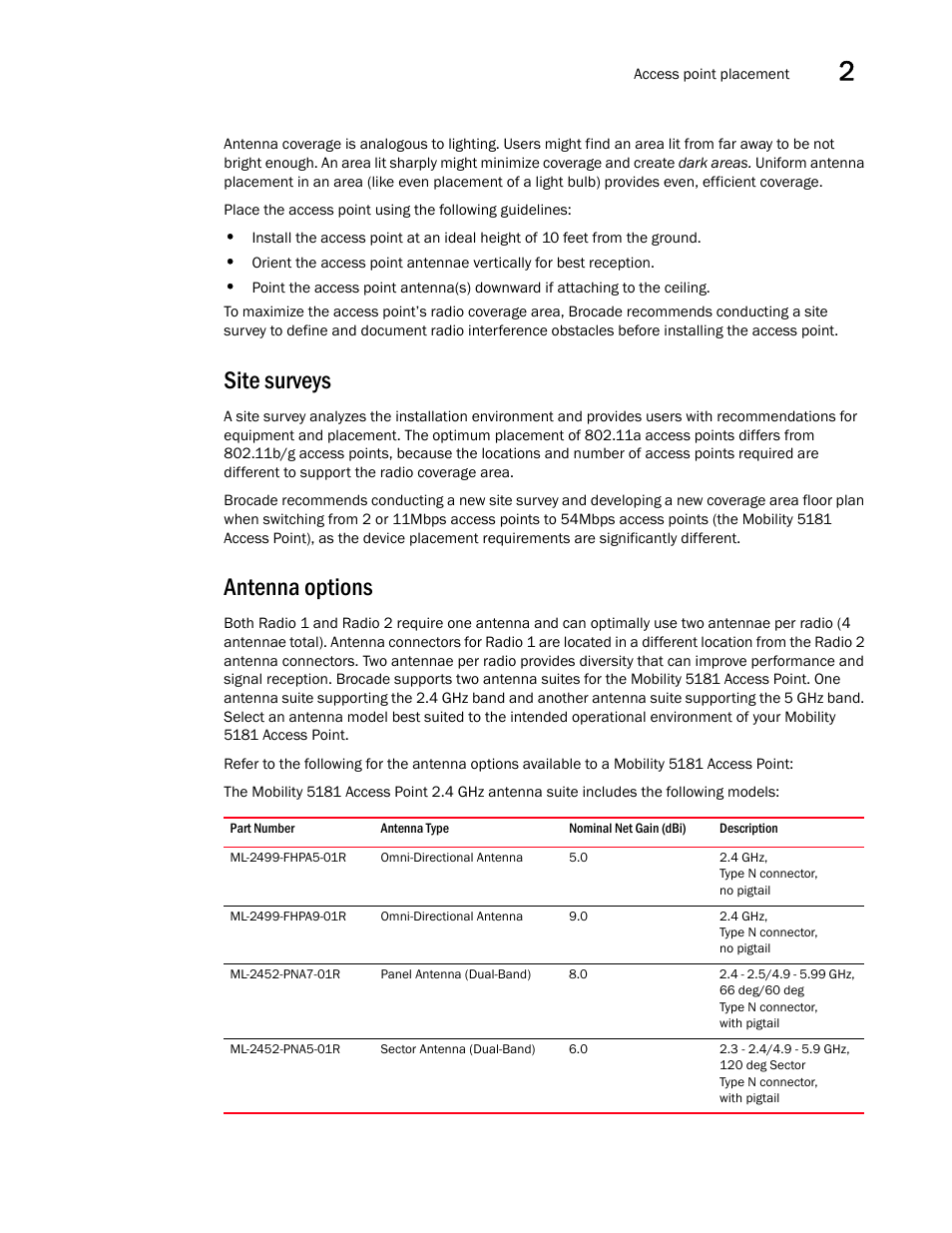 Site surveys, Antenna options | Brocade Mobility 5181 Access Point Product Reference Guide (Supporting software release 4.4.0.0) User Manual | Page 39 / 428