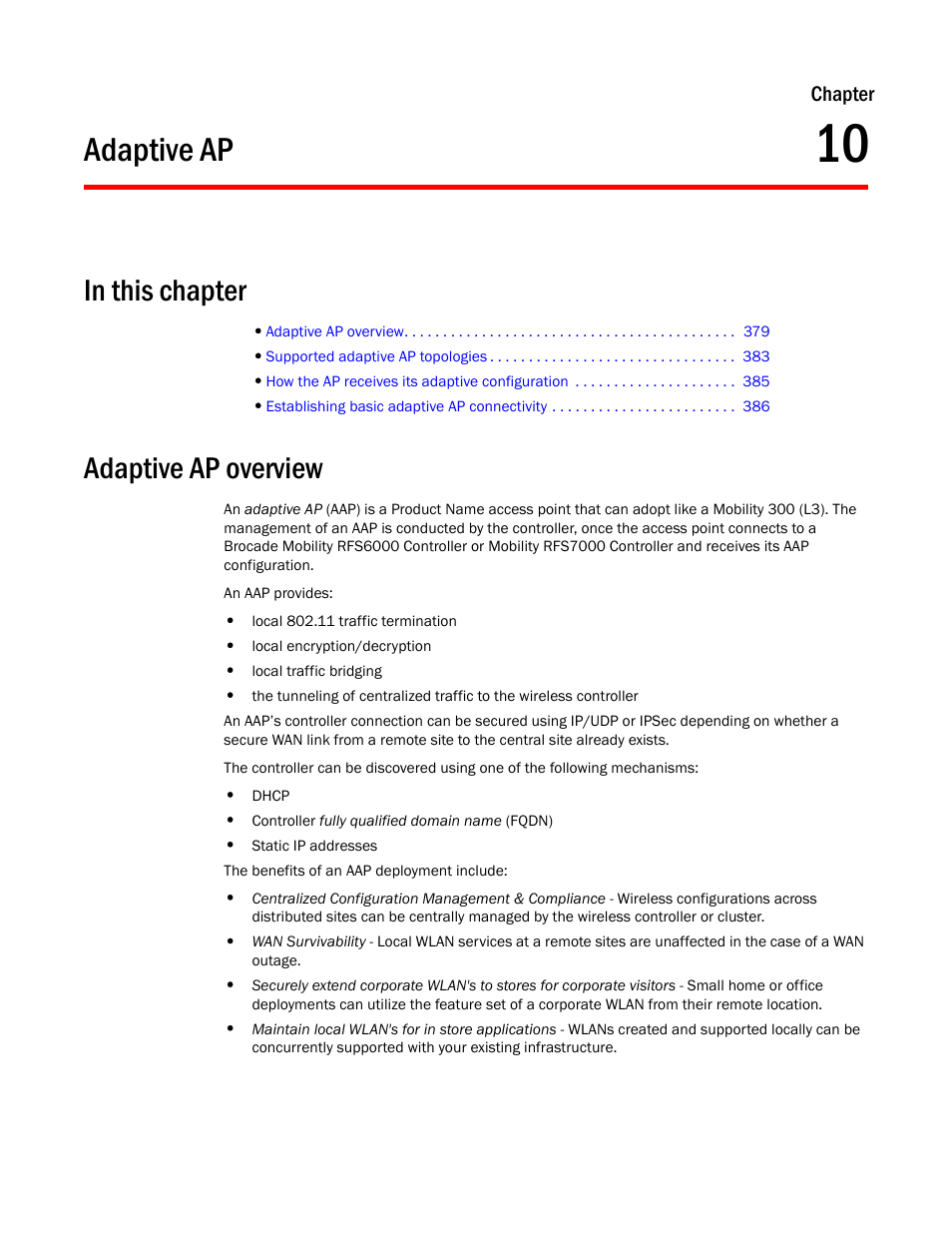 Adaptive ap, Adaptive ap overview, Chapter 10 | Ns, see | Brocade Mobility 5181 Access Point Product Reference Guide (Supporting software release 4.4.0.0) User Manual | Page 393 / 428