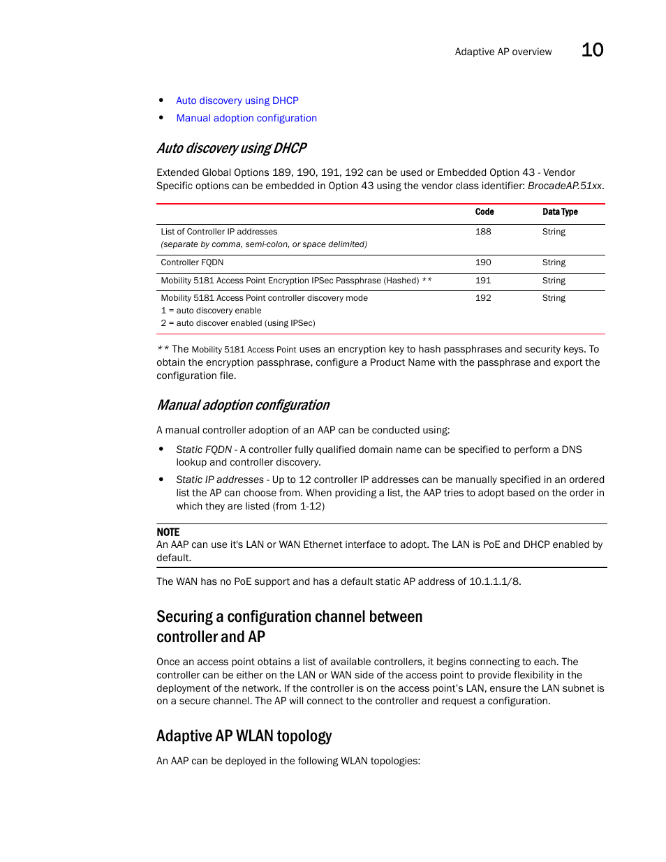 Adaptive ap wlan topology, Auto discovery using dhcp, Manual adoption configuration | Brocade Mobility 5181 Access Point Product Reference Guide (Supporting software release 4.4.0.0) User Manual | Page 395 / 428