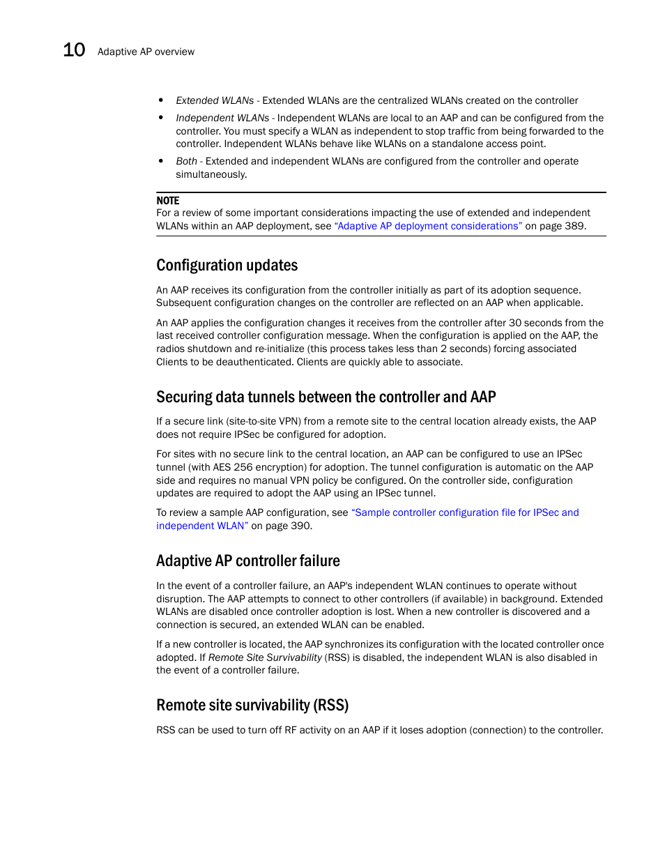 Configuration updates, Adaptive ap controller failure, Remote site survivability (rss) | Brocade Mobility 5181 Access Point Product Reference Guide (Supporting software release 4.4.0.0) User Manual | Page 396 / 428