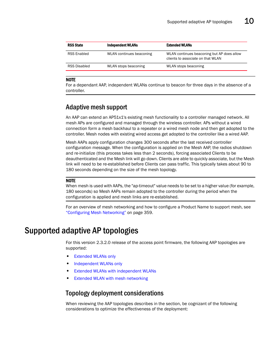 Adaptive mesh support, Supported adaptive ap topologies, Topology deployment considerations | Brocade Mobility 5181 Access Point Product Reference Guide (Supporting software release 4.4.0.0) User Manual | Page 397 / 428