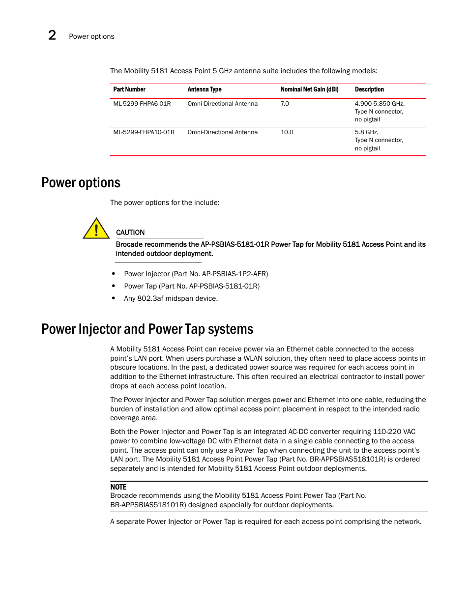 Power options, Power injector and power tap systems | Brocade Mobility 5181 Access Point Product Reference Guide (Supporting software release 4.4.0.0) User Manual | Page 40 / 428