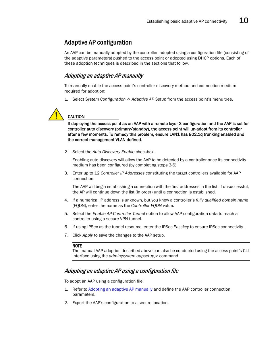 Adaptive ap configuration, Adopting an adaptive ap manually, Adopting an adaptive ap using a configuration file | Brocade Mobility 5181 Access Point Product Reference Guide (Supporting software release 4.4.0.0) User Manual | Page 401 / 428