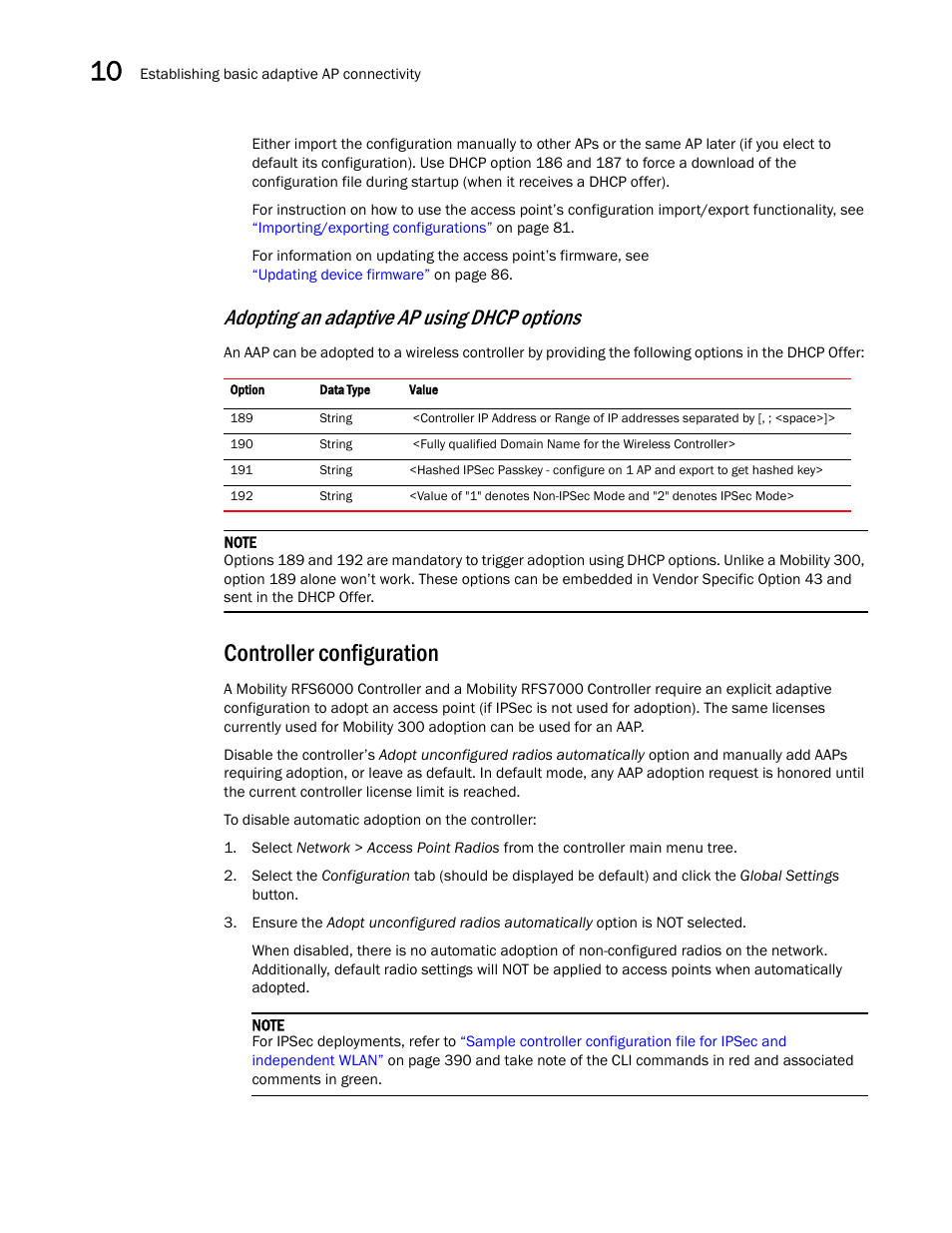 Controller configuration, Adopting an adaptive ap using dhcp options | Brocade Mobility 5181 Access Point Product Reference Guide (Supporting software release 4.4.0.0) User Manual | Page 402 / 428