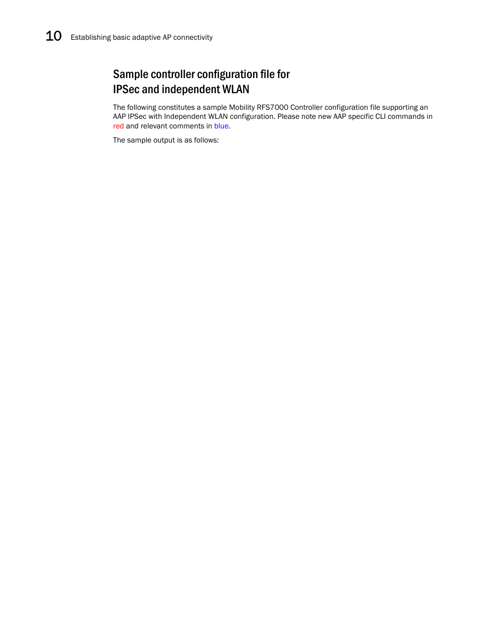 Sample controller configuration file for ipsec and, Independent wlan, Sample controller | Configuration file for ipsec and independent wlan | Brocade Mobility 5181 Access Point Product Reference Guide (Supporting software release 4.4.0.0) User Manual | Page 404 / 428