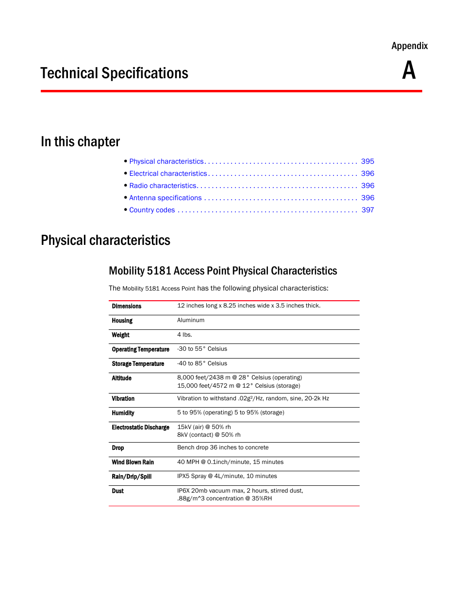 Technical specifications, Physical characteristics, Appendix a | Appendix | Brocade Mobility 5181 Access Point Product Reference Guide (Supporting software release 4.4.0.0) User Manual | Page 409 / 428